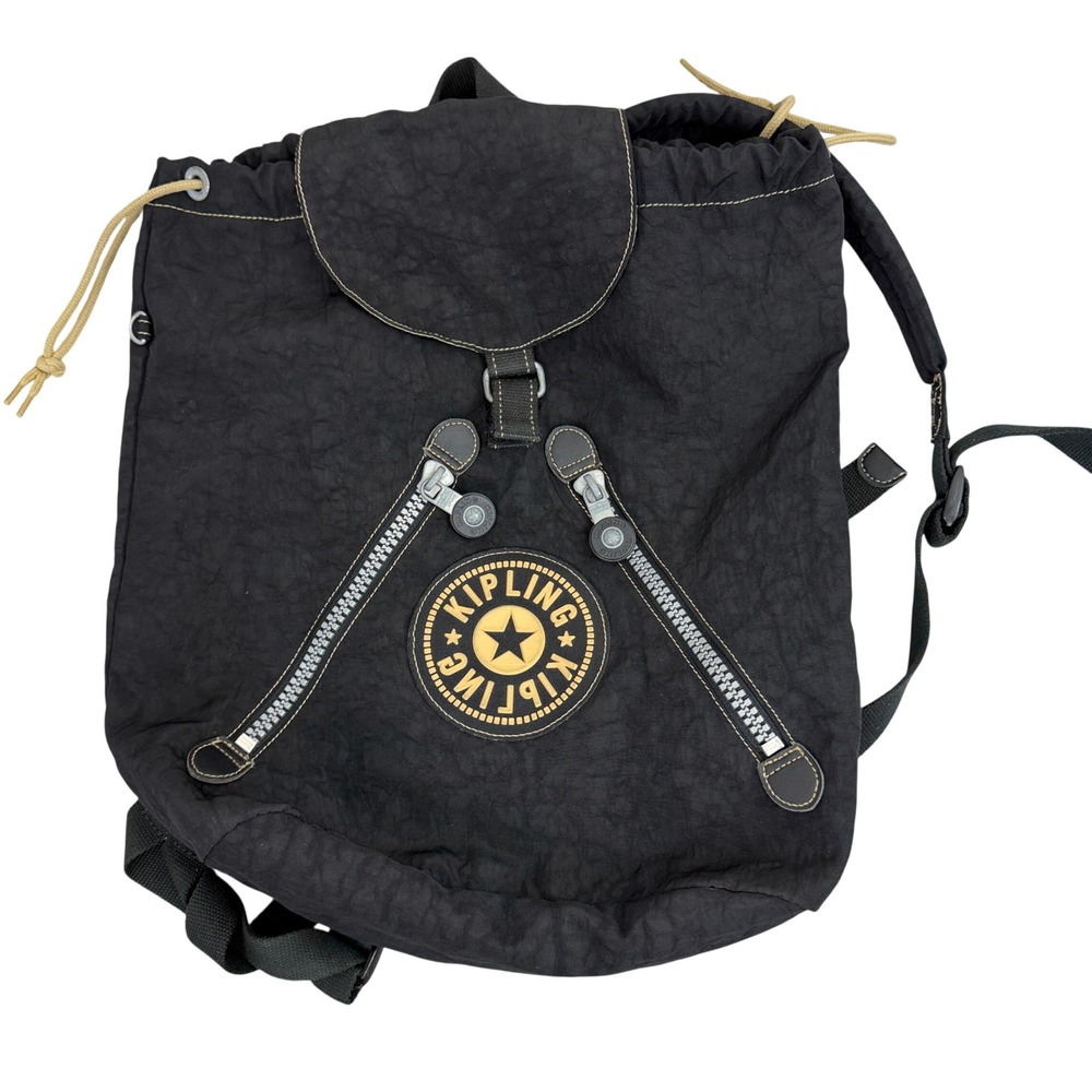 Kipling Backpack Unisex Large Black Drawstring Front Zip Pockets Nylon Bag Vtg